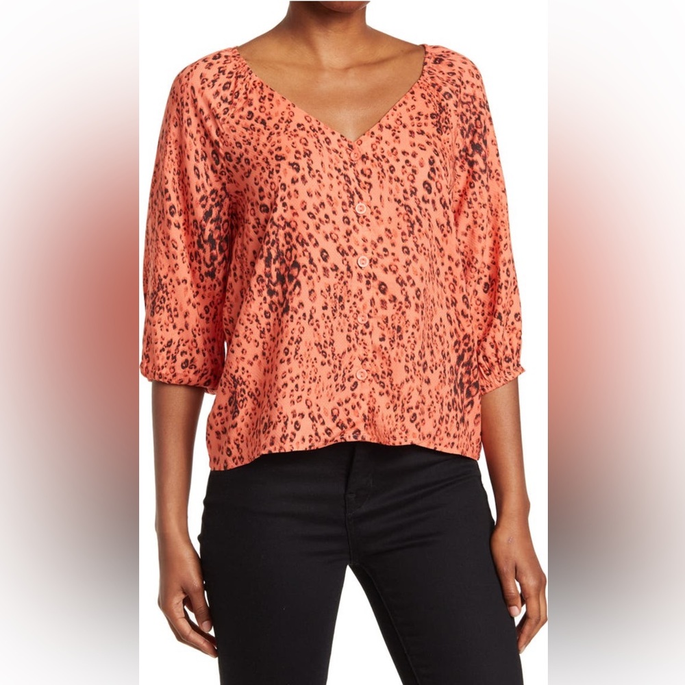 Sanctuary Mila Orange Leopard Patterned 3/4 Sleeve Top - Medium